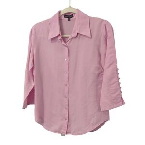 Audrey Talbott Linen Button Up Shirt Pink 3/4 Sleeve Button Detail size Small